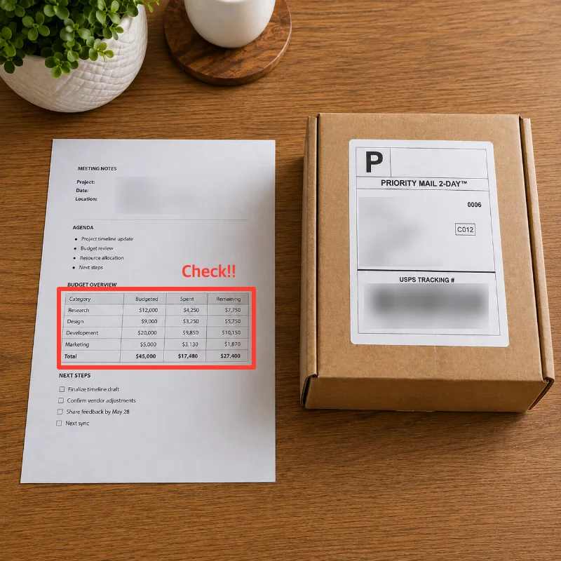 After — the same photo with the meeting details and the shipping label mosaicked out, and a red box with a “Check!!” note added over the budget table.