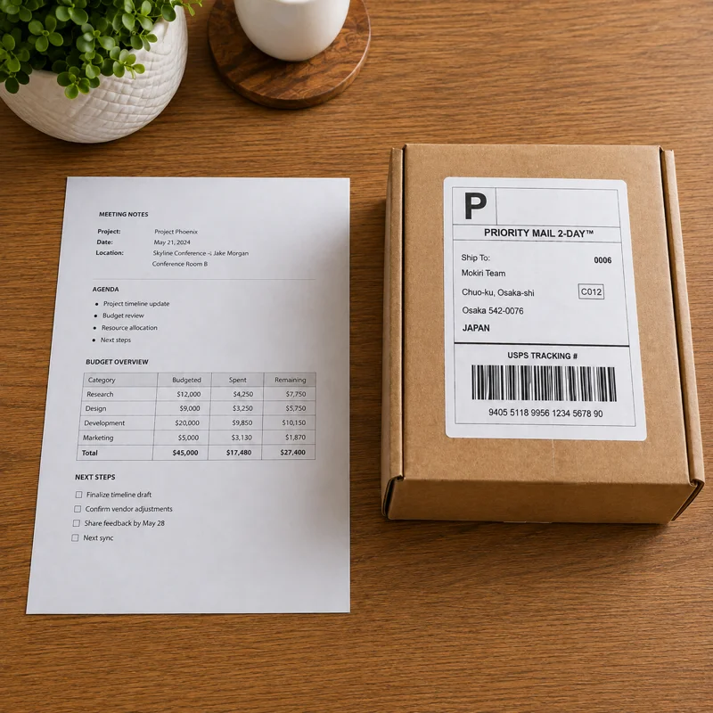 Before — a photo of meeting notes and a parcel on a desk, with the meeting details and the shipping label’s name, address and tracking number all legible.